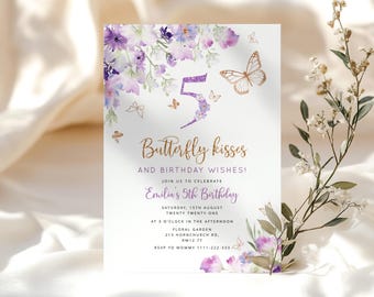 Butterfly 5th Birthday invitation. Butterfly kisses and birthday wishes invite. Lilac gold butterfly 5th birthday invitation #06