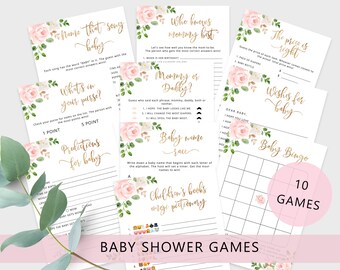 Floral baby shower games bundle. Blush pink gold baby shower games. Blush baby shower games. Rose Baby Shower Games Instant download #fl1