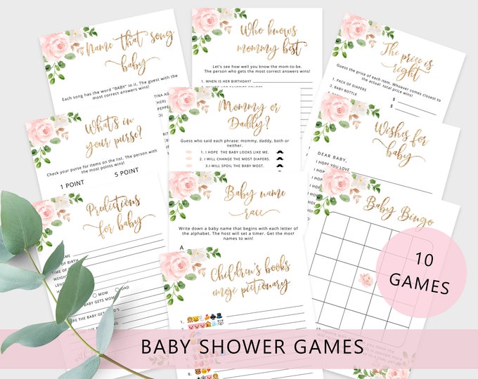 Floral baby shower games bundle. Blush pink gold baby shower games. Blush baby shower games. Rose Baby Shower Games Instant download #fl1