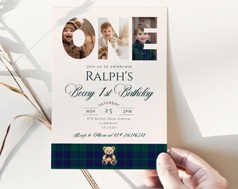 Polo Teddy Bear 1st Birthday Invitation: Preppy Plaid Photo Collage Corjl Template #pbe1