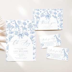 Babyshower-uitnodigingsbundel Toiletsafari. Blauwe Toile de Jouy Safari-babyshowerbundel. Blauwe Toile Jungle dieren bedankkaart #toi1