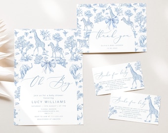 Toile Safari baby shower invitation bundle. Blue Toile de Jouy Safari Baby shower bundle. Blue Toile Jungle animals thank you card #toi1