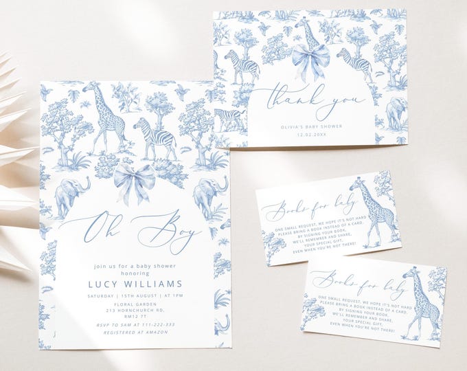 Toile Safari baby shower invitation bundle. Blue Toile de Jouy Safari Baby shower bundle. Blue Toile Jungle animals thank you card #toi1
