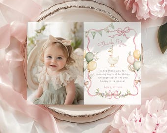 One Silly Goose 1st Birthday Photo Thank you card. Pink bow editable template #sg3