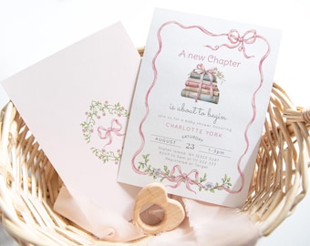 Editable New Chapter baby shower invitation, Pink Storybook girl New Chapter Baby shower invite, Pink bow Storybook baby shower invite #bl1