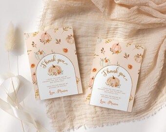Pumpkin birthday thank you card. Editable pastel orange gold fall birthday thank you card. Corjl editable template #p4