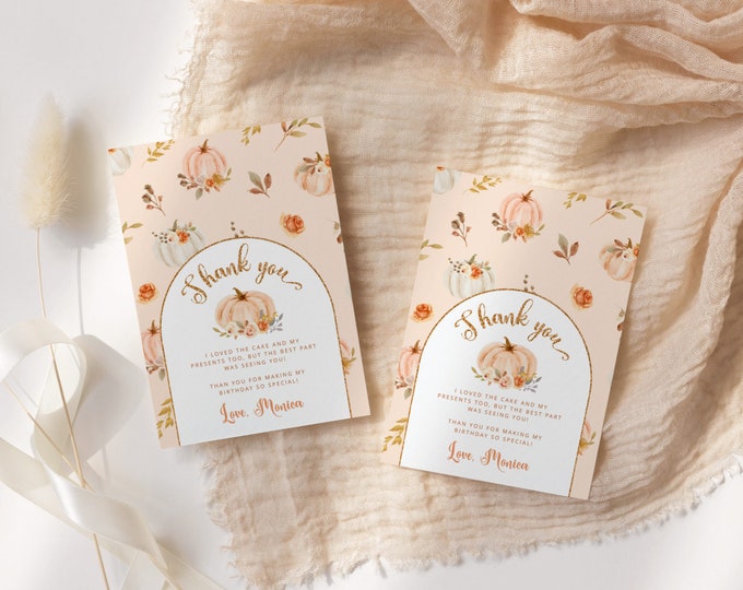 Pumpkin birthday thank you card. Editable pastel orange gold fall birthday thank you card. Corjl editable template #p4