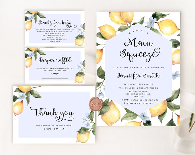 Mama's Main Squeeze Lemon Baby Shower Invitation. Blue lemon Baby Shower Invitation set. Books for baby, diaper raffle, thank you card #lem3