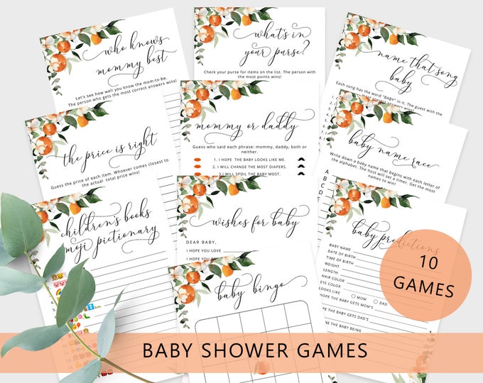 Orange baby shower games bundle. A little cutie baby shower games. Citrus baby shower games Instant download #or2