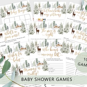 May include: A set of ten printable baby shower games featuring a woodland theme with a deer and forest background. The games include "Baby Bingo", "What's in your purse?", "Wish's for baby", "Children's books emoji pictionary", "The price is right", "Who knows mommy best", "Name that song baby", "Predictions for the baby", and "Mommy or Daddy?"