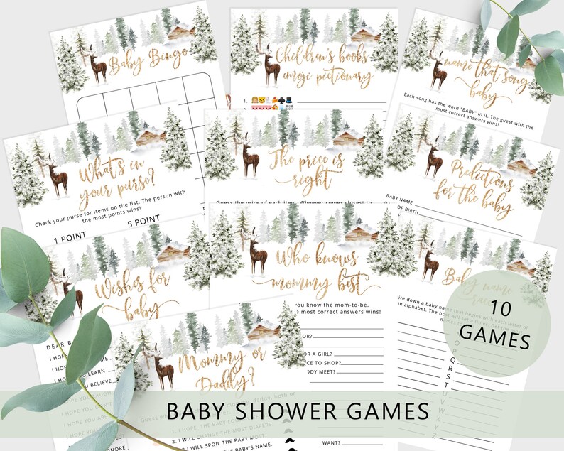 May include: A set of ten printable baby shower games featuring a woodland theme with a deer and forest background. The games include "Baby Bingo", "What's in your purse?", "Wish's for baby", "Children's books emoji pictionary", "The price is right", "Who knows mommy best", "Name that song baby", "Predictions for the baby", and "Mommy or Daddy?"