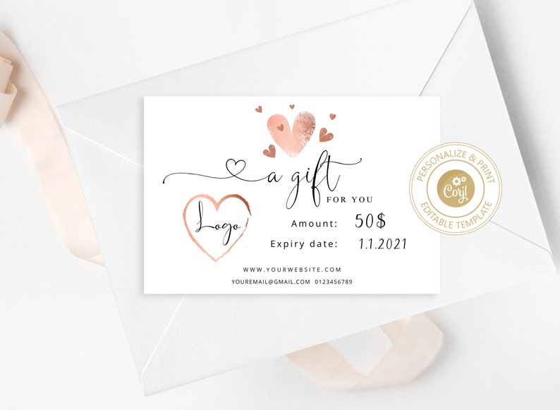 Rose Gold Hearts Gift Certificate Template: Valentines Editable Printable (Corjl) image 1