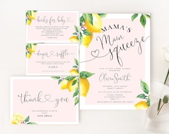Mama's Main Squeeze Lemon Baby Shower Invitation. Baby Shower Invitation set. Books for baby, diaper raffle, thank you card #lem2