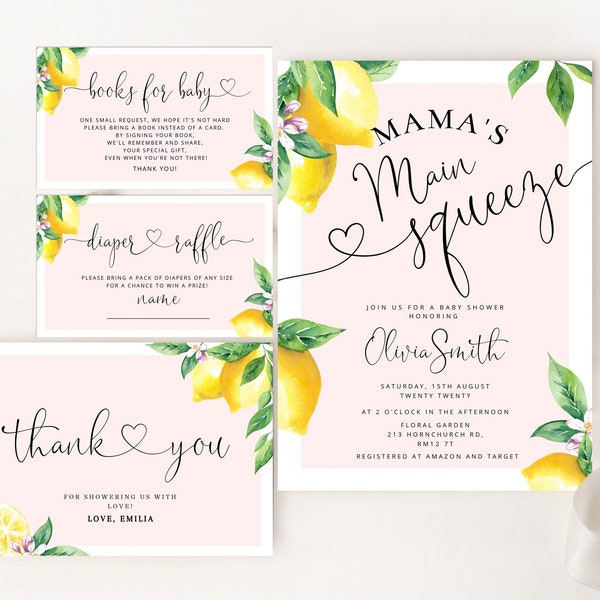 Mama's Main Squeeze Lemon Baby Shower Invitation. Baby Shower Invitation set. Books for baby, diaper raffle, thank you card #lem2