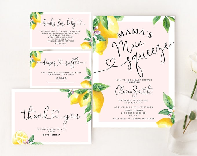 Mama's Main Squeeze Lemon Baby Shower Invitation. Baby Shower Invitation set. Books for baby, diaper raffle, thank you card #lem2