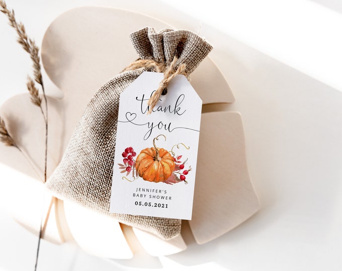 Pumpkin baby shower favor tag. A Little pumpkin is on the way favor tag template. Fall baby shower tag Corjl template #p1