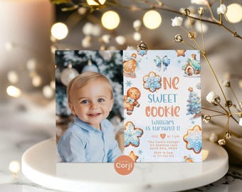 Editable One Sweet Cookie boy Birthday photo invitation.Blue Gingerbread Little Cookie 1st birthday invitation. Corjl Template #1cc