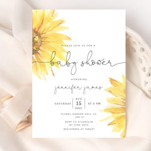 Sonnenblumen Baby Shower Einladung Vorlage.  Geschlechtsneutrale Sonnenblumen Baby Shower Einladung. Corjl bearbeitbare Vorlage #sun1