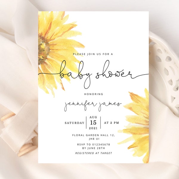 Sunflower Baby Shower Invitation template.  Gender neutral sunflower Baby Shower Invitation. Corjl editable template #sun1