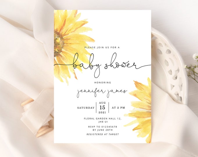 Sunflower Baby Shower Invitation template.  Gender neutral sunflower Baby Shower Invitation. Corjl editable template #sun1