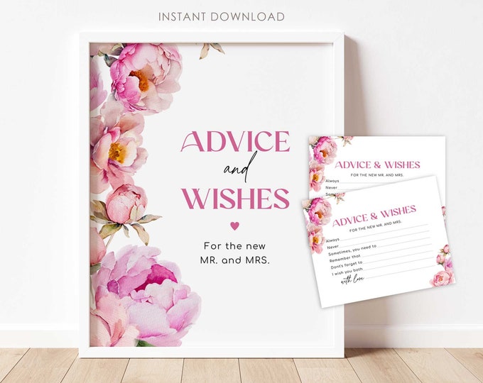 Petals and prosecco Advice and Wishes for the Newlyweds.  Fuchsia peony Advice for Bride & Groom Game. Instant Download #pet1