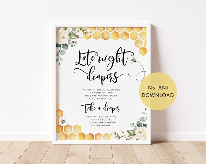 Bee Late Night Diapers Sign. Sweet as can bee Baby Shower Diapers Thoughts Game. BeePrintable Diaper Game Instant download #bee