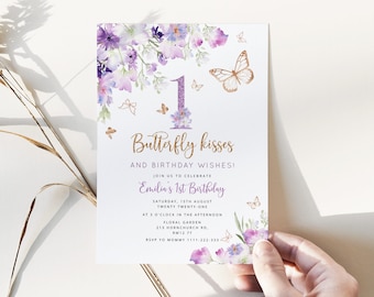 Butterfly Birthday invitation. Butterfly kisses and birthday wishes invite. Lilac gold butterfly first birthday invitation #06