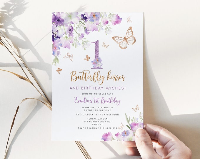Butterfly Birthday invitation. Butterfly kisses and birthday wishes invite. Lilac gold butterfly first birthday invitation #06