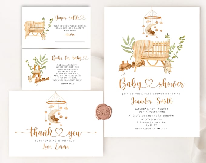 Boho baby shower invitation bundle. Bohemian nursery baby shower invitation. Gender neutral Baby Shower invite set. Bear baby shower #12