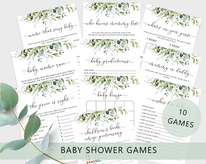 Greenery Baby Shower Games Bundle. Eucalyptus Baby Shower Games. Greenery baby bingo. Greenery baby shower. Instant Download #02