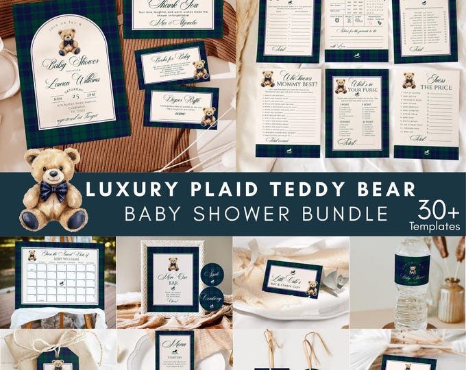 Luxury Dark Plaid Preppy Teddy Bear Baby Shower Editable Bundle #pbe1