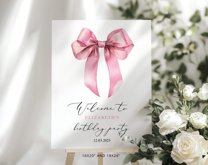 Editable pink bow Welcome sign. Minimalist Coquette Bow Girl Birthday Welcome sign. Girl birthday bow theme sign Corjl template #bow1