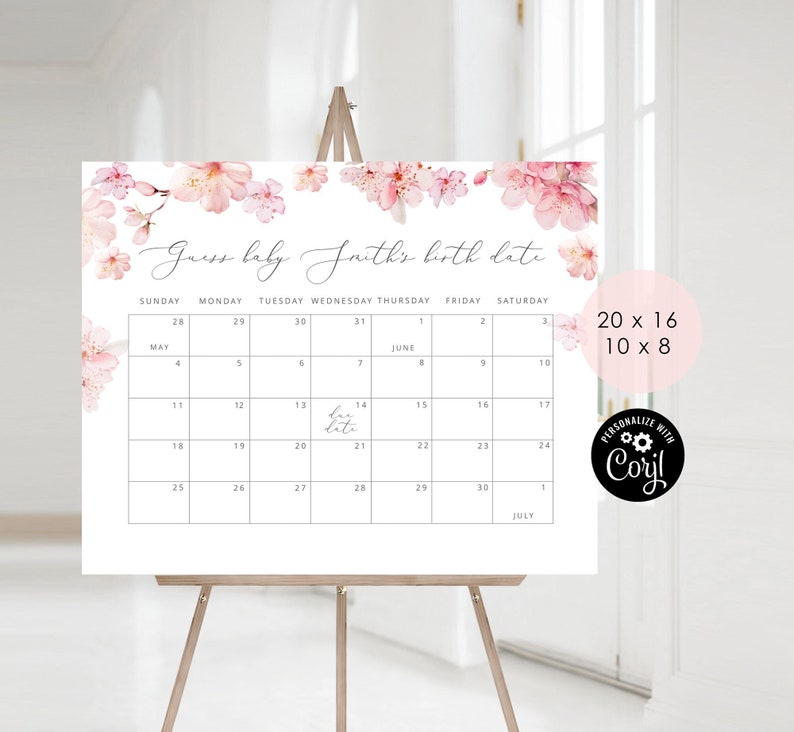 Blush pink Guess the due Date calendar. Sakura cherry blossom Guess The Baby Birthday Game. Corjl Instant download #s1 image 1