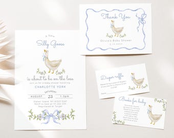 New Silly Goose Baby Shower Invitation bundle.  Blue Bow Baby Boy Silly Goose Baby Shower invitation bundle #sg1