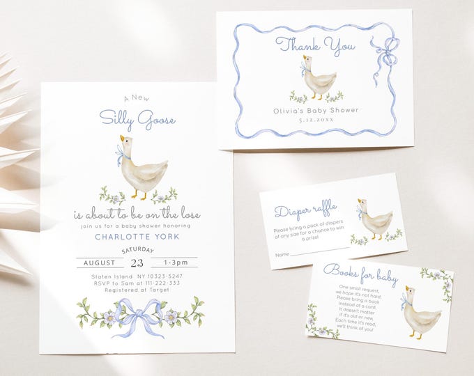 New Silly Goose Baby Shower Invitation bundle.  Blue Bow Baby Boy Silly Goose Baby Shower invitation bundle #sg1