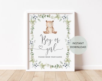 Boy or Girl Please Wear Your Guess Sign. Eucalyptus bear Gender Reveal Decoration. Bear Wear your guess sign.  Instant download  #w1