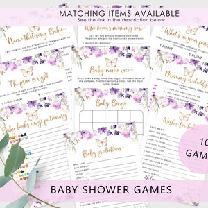 Może przedstawiać: Dziesięć drukowanych gier na baby shower w stylu kwiatowym. Gry obejmują "Name that Song Baby", "The Price is Right", "Baby Books Emoji Pictionary", "Baby Name Race", "Baby Bingo", "Baby Predictions", "What's in Your Purse", "Mommy or Daddy" i "Wishes for Baby".