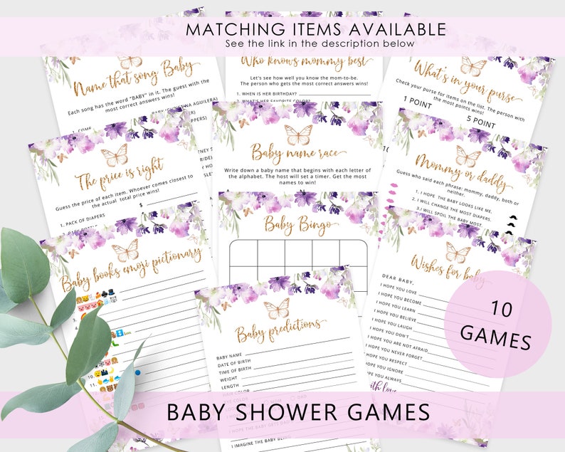 Może przedstawiać: Dziesięć drukowanych gier na baby shower w stylu kwiatowym. Gry obejmują "Name that Song Baby", "The Price is Right", "Baby Books Emoji Pictionary", "Baby Name Race", "Baby Bingo", "Baby Predictions", "What's in Your Purse", "Mommy or Daddy" i "Wishes for Baby".