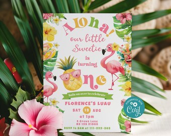 Aloha 1st birthday invitation. Luau birthday invitation. Tropical luau 1st birthday invite Corjl template #al1