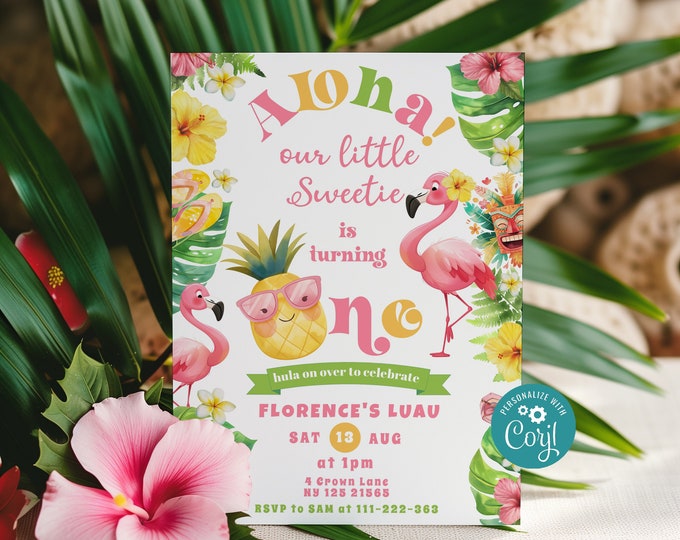 Aloha 1st birthday invitation. Luau birthday invitation. Tropical luau 1st birthday invite Corjl template #al1