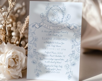 Editable Toile de Jouy Teddy Bear Baby shower invitation. Blue Toile teddy bear Boy baby shower invite. Corjl template #tb1