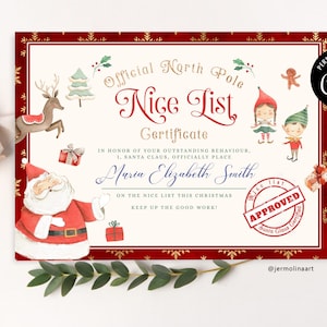 Modello di certificato dell'elenco Nizza modificabile. Certificato ufficiale di Babbo Natale Nice List. Download istantaneo #ch1