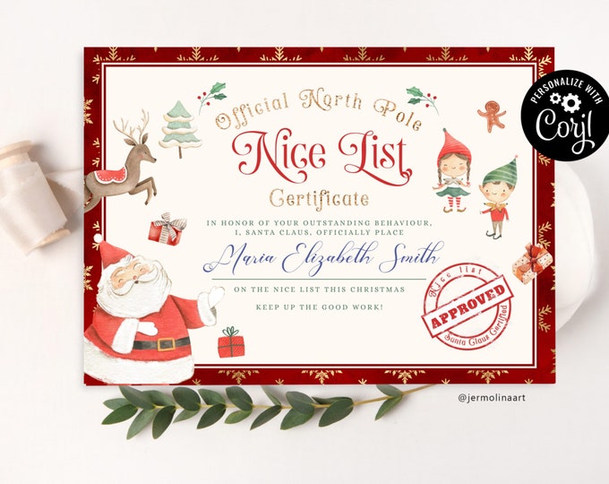 Editable Nice list Certificate template. Santa's official Nice List Certificate. Instant Download #ch1