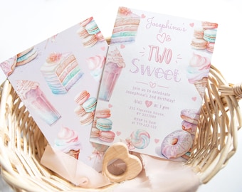 Two sweet 2nd birthday invitation. Pastel sweets  macarons birthday invitation. Two sweet birthday invitation. Corjl template #ice1