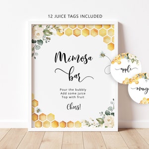 Bee Mimosa Bar Sign, Mimosa Bar Printable, Bubbly Bar Sign. Floral honey Bridal Shower Decoration Signs, mimosa bar juice tags #bee3