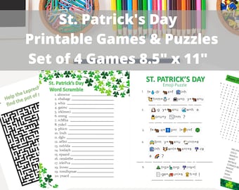 St. Patrick&#39;s Day Printable Kids Games & Puzzles, St. Patrick&#39;s Day Classroom Children Activities, Word Scramble, Search, Maze Emoji Game