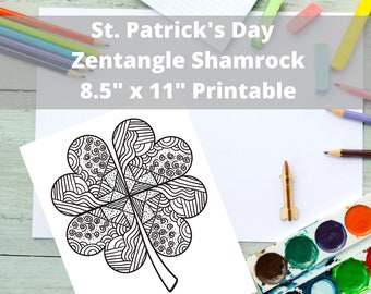 Four Leaf Clover Zentangle, St. Patrick's Day Coloring Page, Shamrock Doodle Art Digital Download, Coloring Activity for Kids
