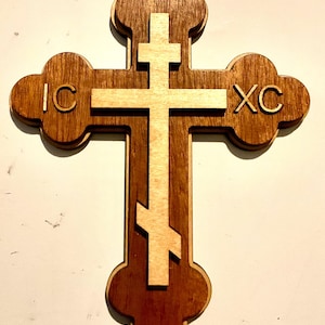 Orthodox Christian Cross. Three bar layered wood