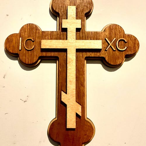 Orthodox Christian Cross. Three bar layered wood