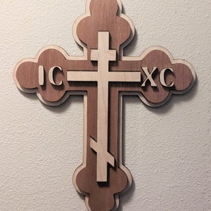 Large Orthodox Christian Cross. Three bar layered wood